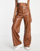 Stradivarius Faux Leather Dad Pants In Caramel-neutral
