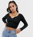 Asos Design Petite Crop Top With Long Sleeve And Notch Detail In Black - Black