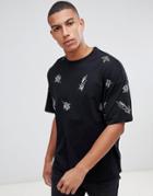 Asos Design Oversized T-shirt With Floral Embroidery - Black