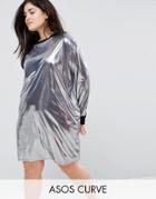 Asos Curve Metallic Mini Dress With Rib Trim - Silver
