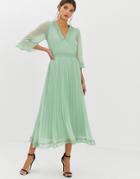 Asos Design Pleated Midi Dress With Lace Inserts-green
