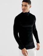 Asos Design Muscle Long Sleeve T-shirt In Velour With Roll Neck In Black - Black