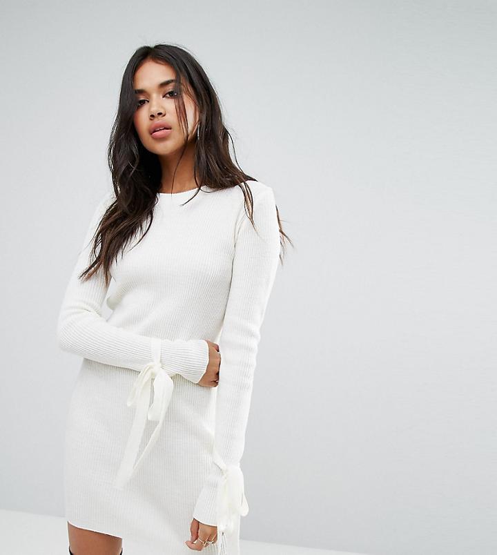 Boohoo Basic Tie Cuff Bardot Knitted Mini Dress In Cream - Cream