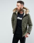 Schott Rocky 2 Puffer Bomber Hooded Detachable Faux Fur Trim Slim Fit In Green - Green