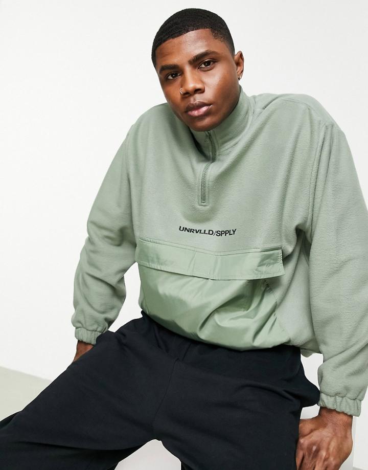 Asos Unrvlld Spply Oversized Polar Fleece Halfzip Sweatshirt With Logo Badge In Green