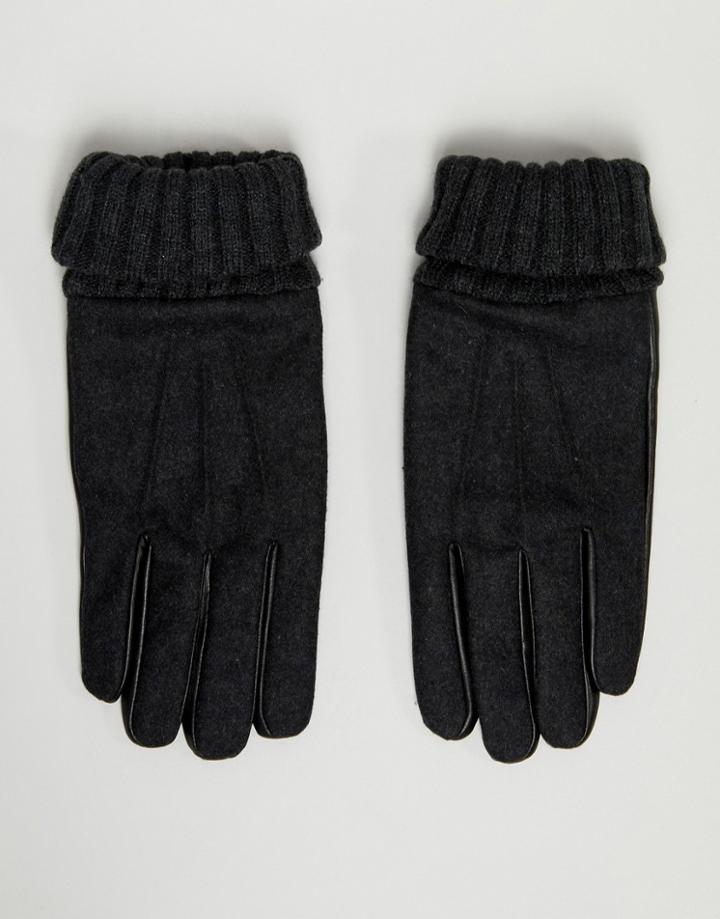 Asos Design Leather Touchscreen Gloves In Gray Melton With Cuff Detail - Gray
