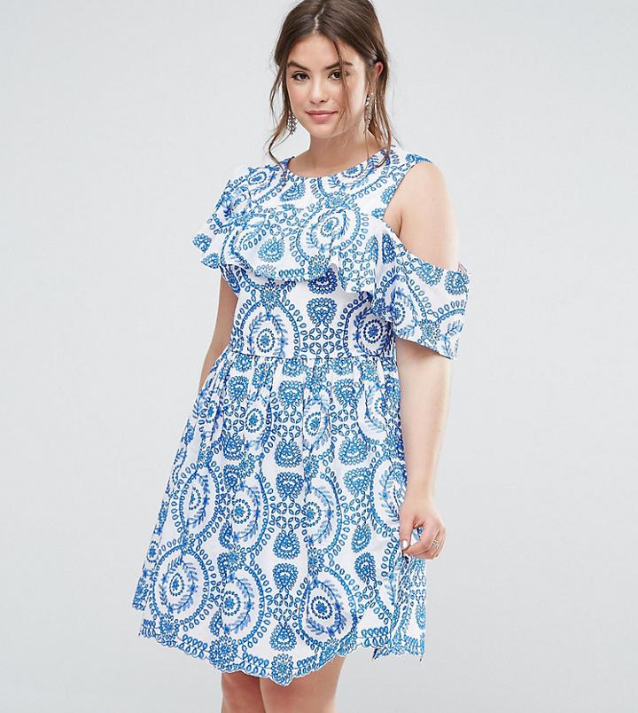 Asos Curve Premium Sleeveless Broderie Skater Dress With Ruffle And Open Back - Multi