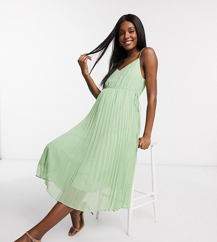 Asos Design Maternity Pleated Cami Midi Dress With Drawstring Waist In Sage Green