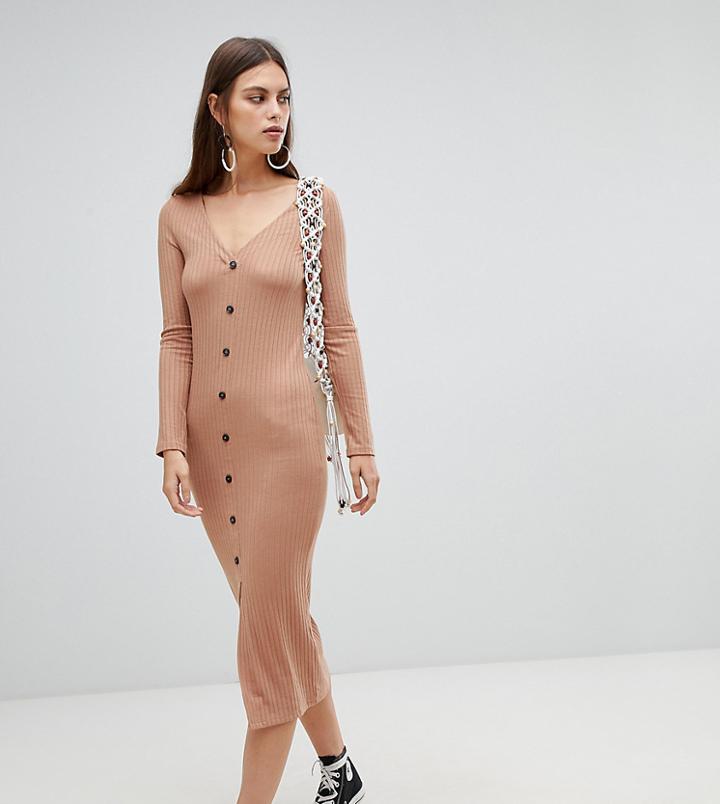 River Island Jersey Button Down Bodycon Dress In Beige - Beige