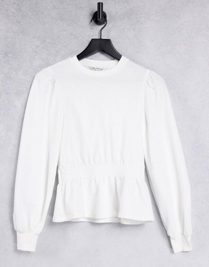 Miss Selfridge Long Sleeve Shirred Peplum Sweatshirt In White