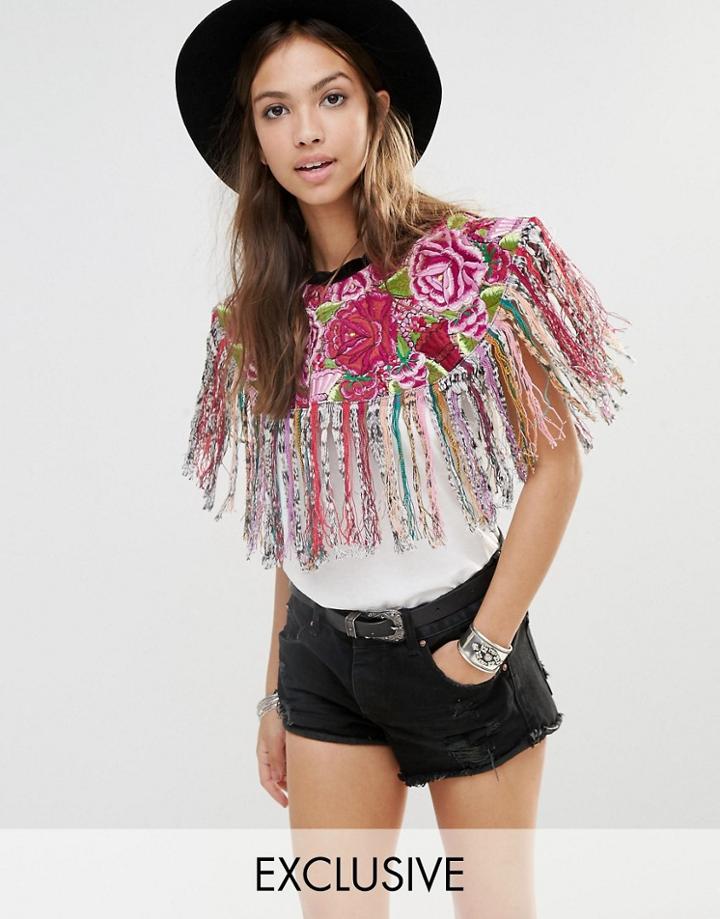 Hiptipico Handmade Fringed Cape With Rose Floral Embroidery - Multi