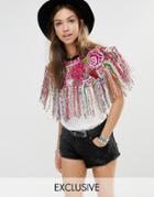 Hiptipico Handmade Fringed Cape With Rose Floral Embroidery - Multi