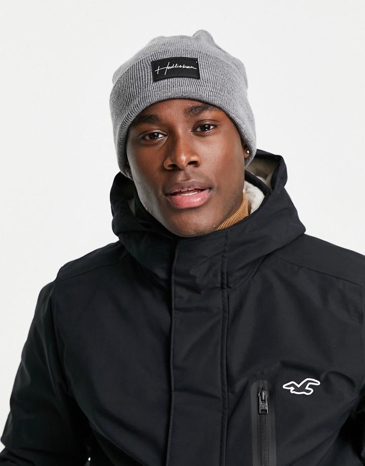 Hollister Label Logo Rib Knit Beanie In Gray