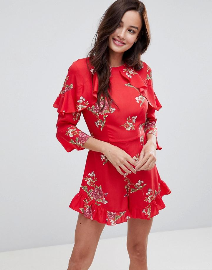 Influence Frill Detail Floral Romper - Red