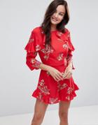 Influence Frill Detail Floral Romper - Red