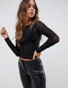 Asos Design Long Sleeve Top In Mesh With Crystal Studs-black
