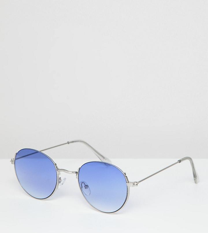Asos Design Metal Round Sunglasses In Silver With Blue Fade Lens - Silver