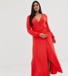Asos Design Curve Puff Sleeve Wrap Maxi Dress With High Split - Red
