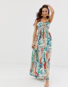 Asos Design Lace Up Front Beach Maxi Dress In Stripe Palm Print-multi