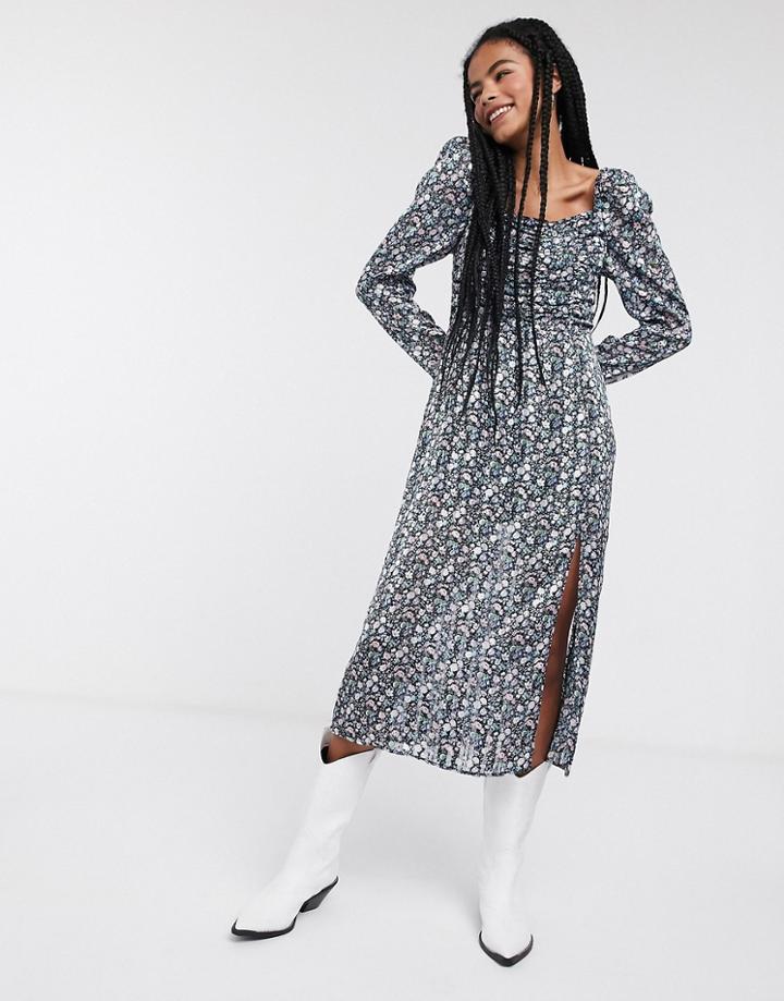 & Other Stories Floral Print Puff-sleeve Midi Dress In Multi