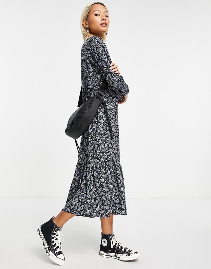 Daisy Street Midi Smock Dress In Blue Floral-multi