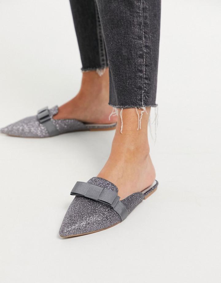 Asos Design Lira Bow Satin Mules In Glitter-silver