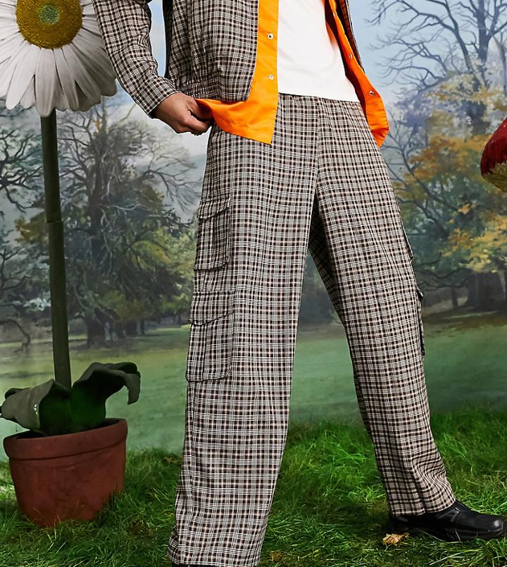 Collusion Straight Leg Plaid Cargo Pants In Brown - Part Of A Set-multi