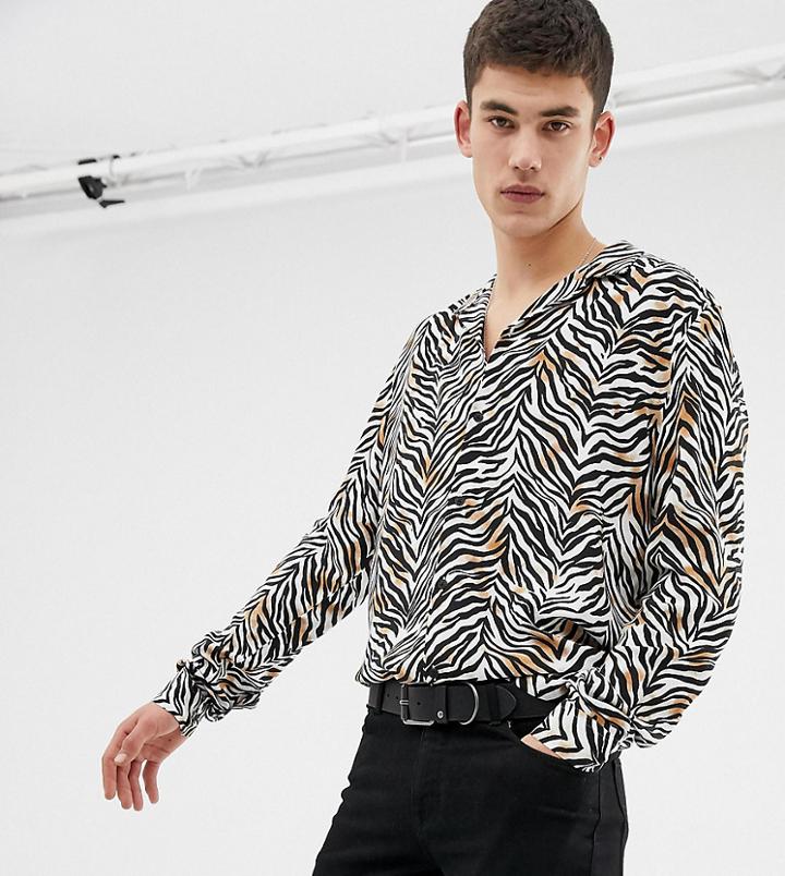 Collusion Tall Oversized Zebra Print Revere Shirt-brown