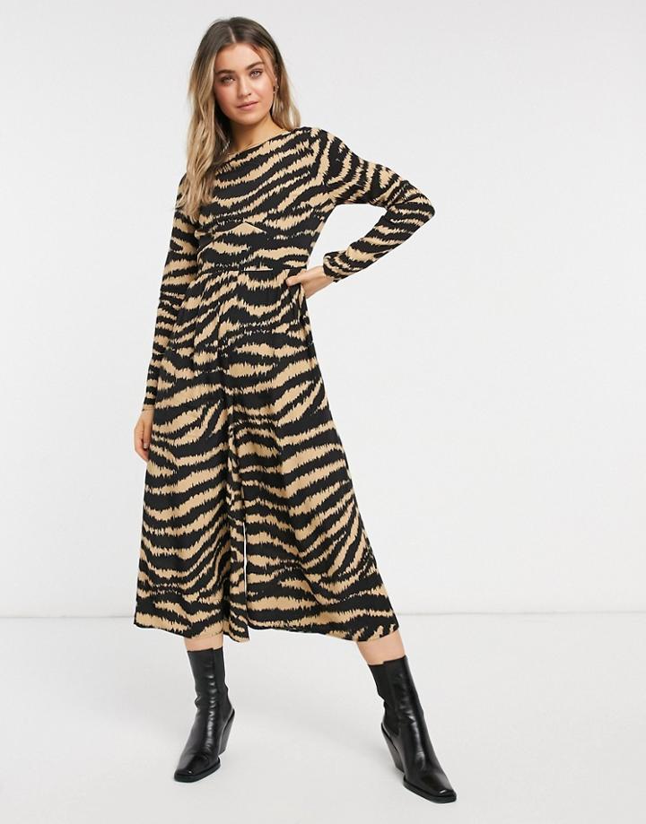 Asos Design Long Sleeve Button Back Tea Jumpsuit In Animal Print-multi