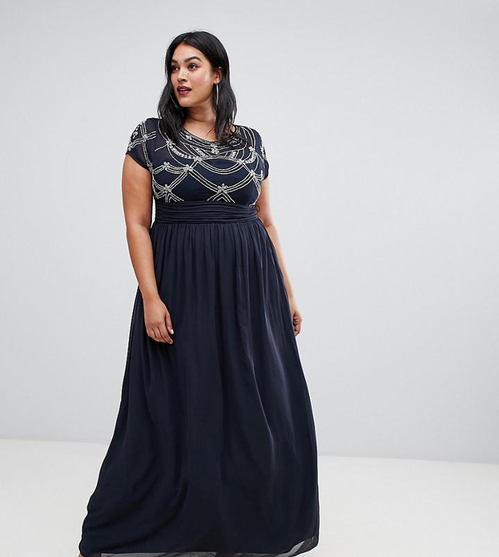 Ax Paris Plus Irridecent Bead Cap Sleeve Maxi Dress - Navy