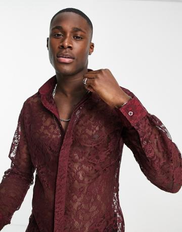 Twisted Tailor Lina Shirt In Burgundy Lace With Floral Flocking-red