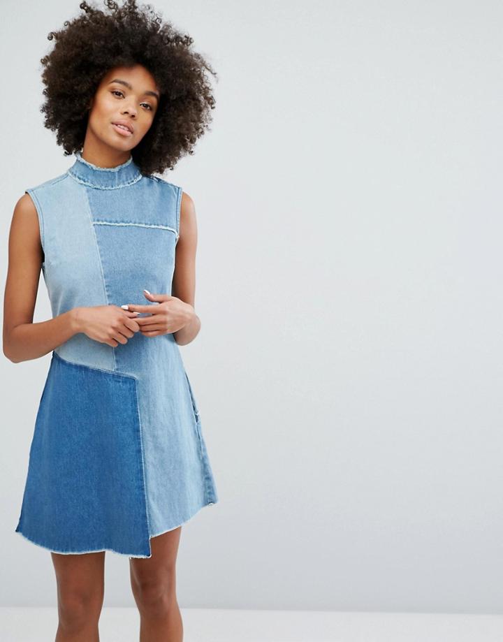 Waven Denim High Neck Dress With Contrast Panels And Fraying - Blue