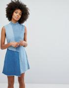 Waven Denim High Neck Dress With Contrast Panels And Fraying - Blue