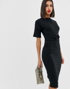 Asos Design Rib Midi Dress With Ring Detail-black