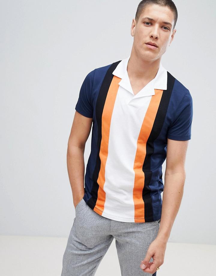 Asos Design Polo Shirt With Retro Vertical Panels And Revere Collar - Navy