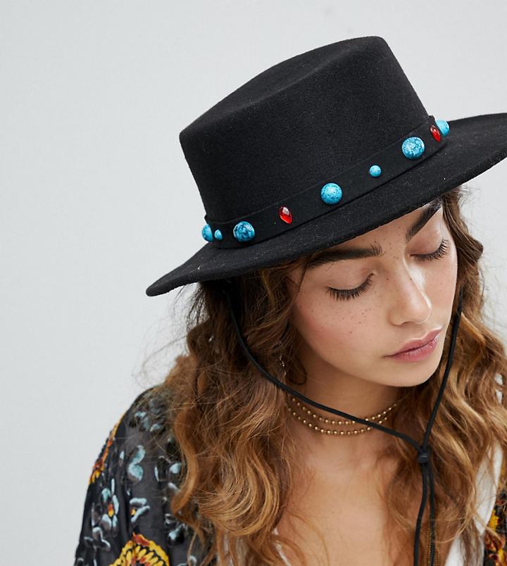 Sacred Hawk Embellished Fedora Hat With Bolo Tie - Black