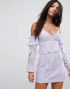 Prettylittlething Cold Shoulder Lace Mini Dress - Purple