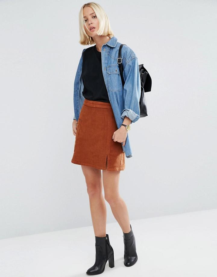 Asos Cord Pelmet Skirt With Patch Pocket And Thigh Split In Ginger - Brown