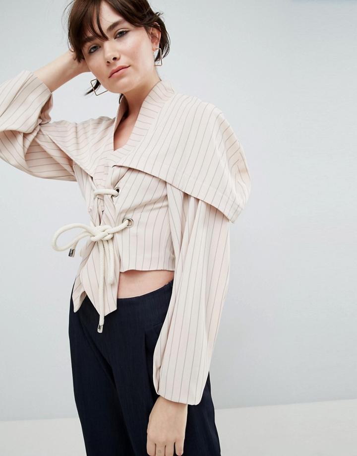 Asos White Striped Top With Rope Tie Up Detail - Stone
