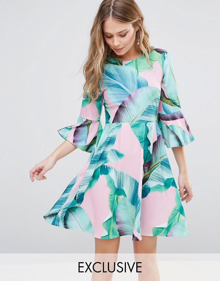 Every Cloud Palm Print Mini Skater Dress With Flared Sleeves - Multi
