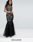 A Star Is Born Embellished Fishtail Maxi Dress With High Neck - Black