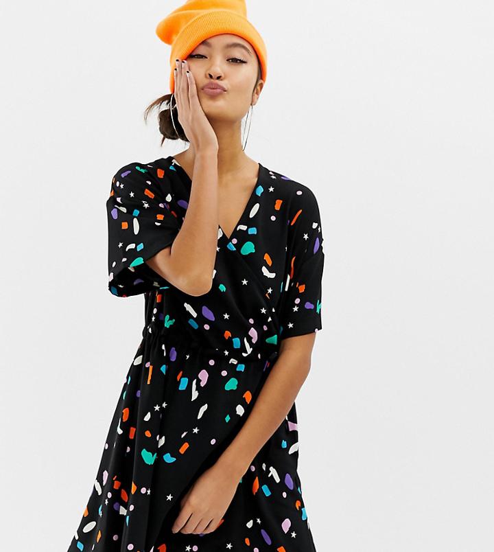Collusion Printed Rouched Wrap Dress - Black