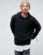 Asos Oversized Hoodie With Woven Panel & Drawstring Sleeve - Black