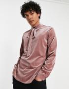 Asos Design Regular Shirt With Tie Neck In Velvet Cord Texture-pink
