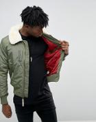 Alpha Industries Bomber Jacket With Shearling Collar In Slim Fit Sage Green - Green