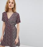 Reclaimed Vintage Inspired Mixed Print Button Wrap Dress - Red
