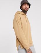 Asos Design Oversized Hoodie With Split And Dropped Hem In Tan-beige