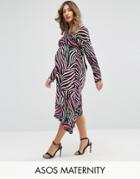 Asos Maternity 80's Zebra Print Dress With Tie Back Detail - Multi