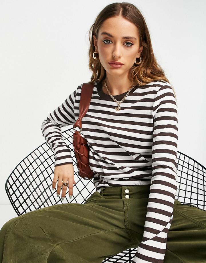 Selected Femme Organic Cotton Long Sleeved T-shirt In Chocolate Stripe-brown