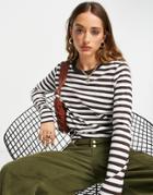 Selected Femme Organic Cotton Long Sleeved T-shirt In Chocolate Stripe-brown